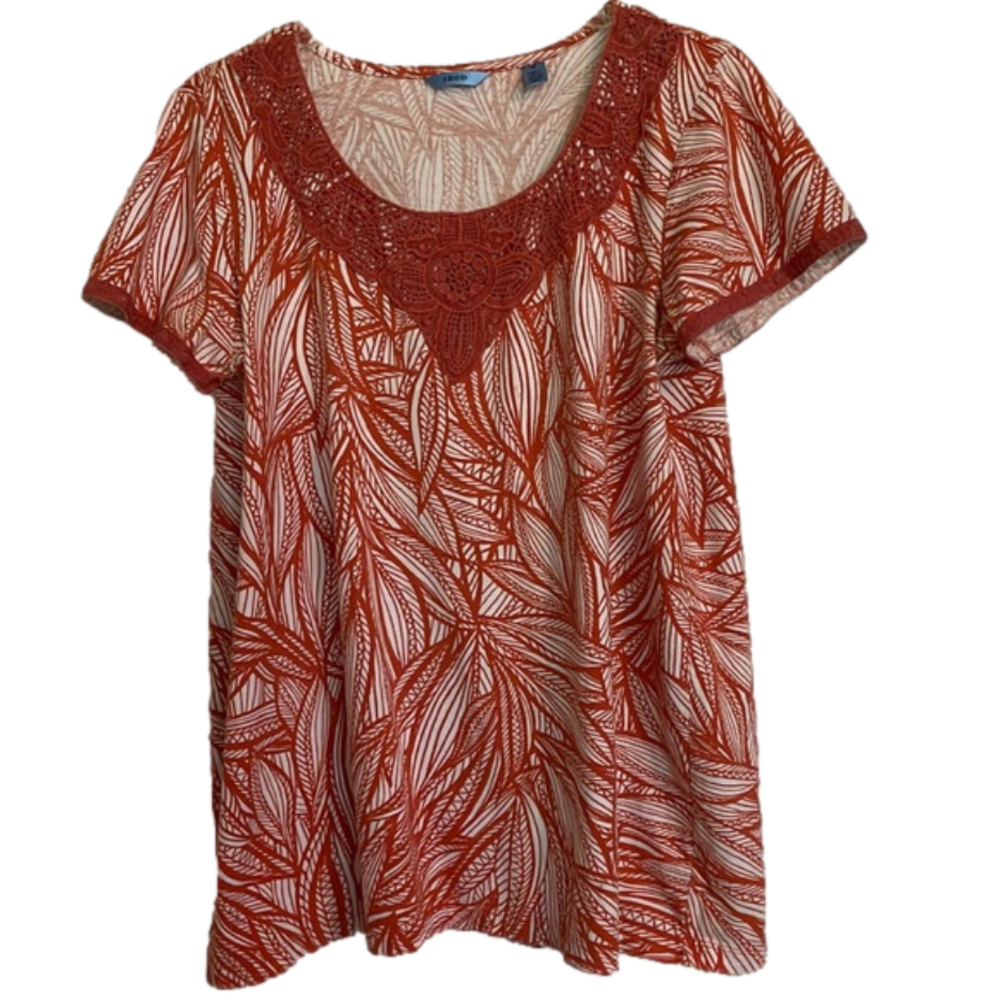 IZOD Abstract Print Crochet Lace Neckline Top, Women’s M, Burnt Orange White